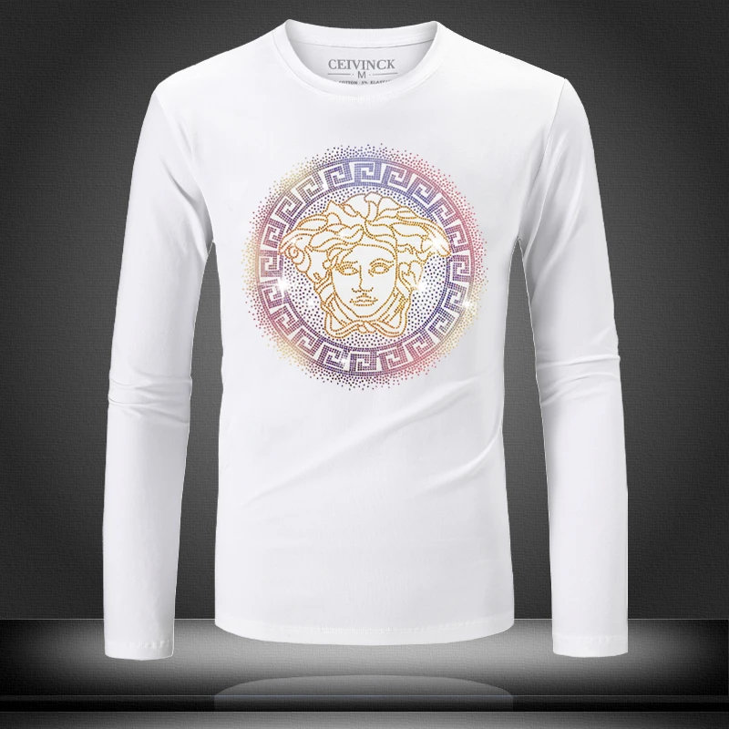 美人头潮牌烫钻轻奢网红洋气潮男装长袖t恤春秋季修身圆领高级感