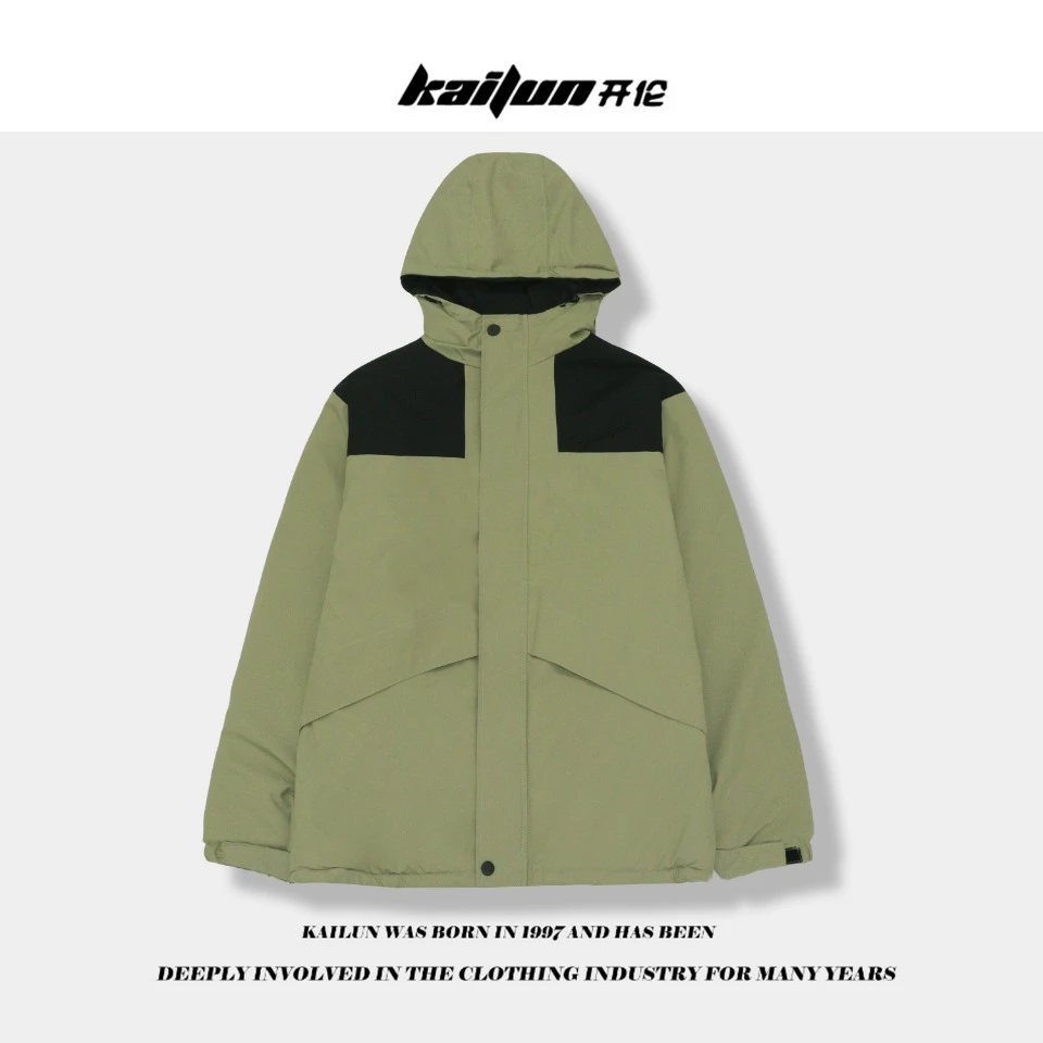 开伦J052002秋冬新款保暖拼接色带帽二棉夹克外套