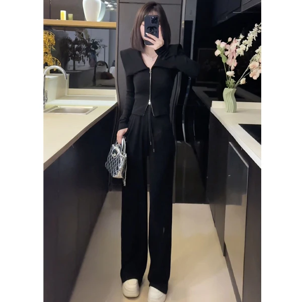 韩系时尚套装女2025春季休闲翻领气质显瘦上衣高腰阔腿裤两件套