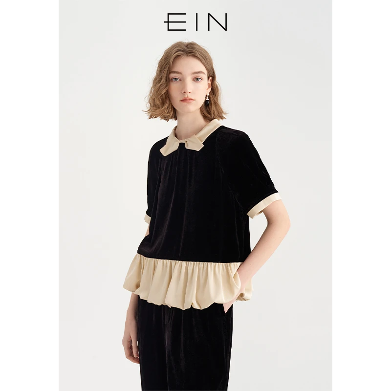 EIN/言轻礼服乔绒桑蚕丝蝴蝶结领泡泡袖撞料拼接上衣2025春夏新款