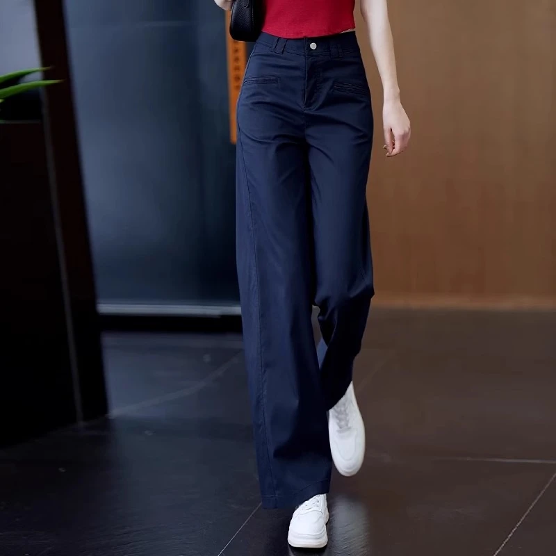 藏青色窄版阔腿裤女夏季薄款2025年新款垂感显瘦宽松直筒西装裤子