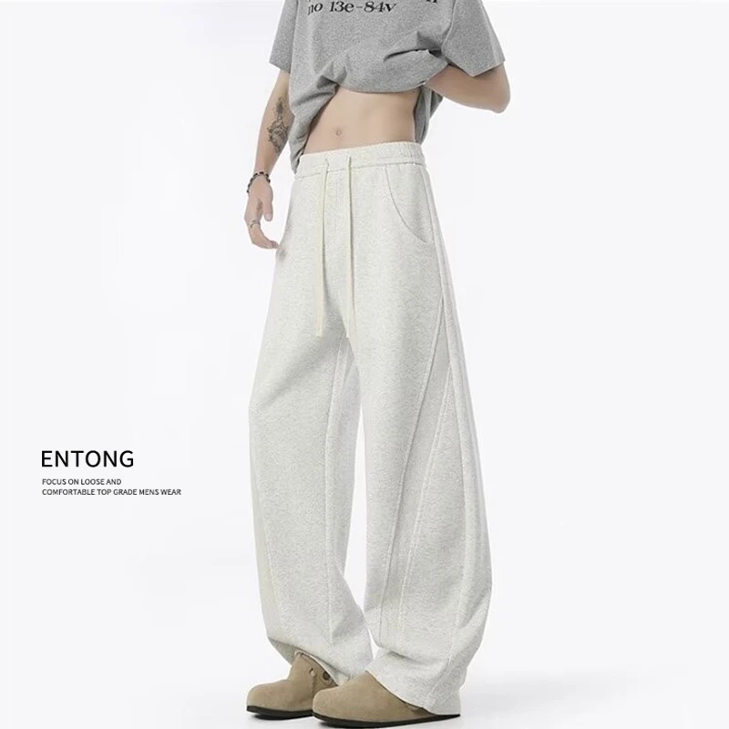Entong美式拼接直筒卫裤男生百搭宽松垂感休闲裤抽绳松紧腰运动裤