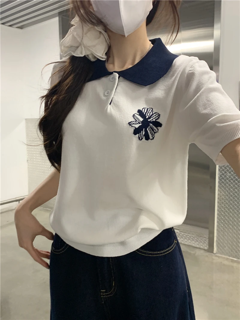 撞色花朵刺绣娃娃领针织短袖2025新款夏季高级感拼接短袖上衣女