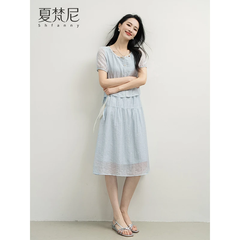 夏梵尼眷夏的风2025夏季新款时尚气质拼接假两件连衣裙