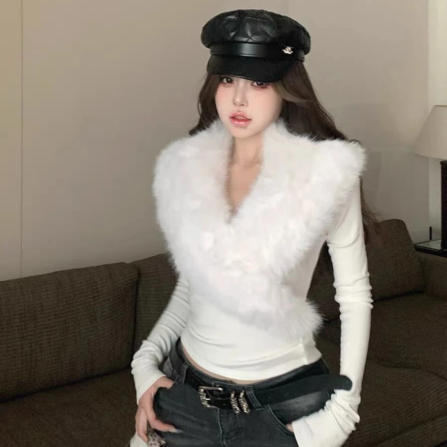 【反骨ZAl】毛领可拆卸V领大毛毛领修身上衣#6313