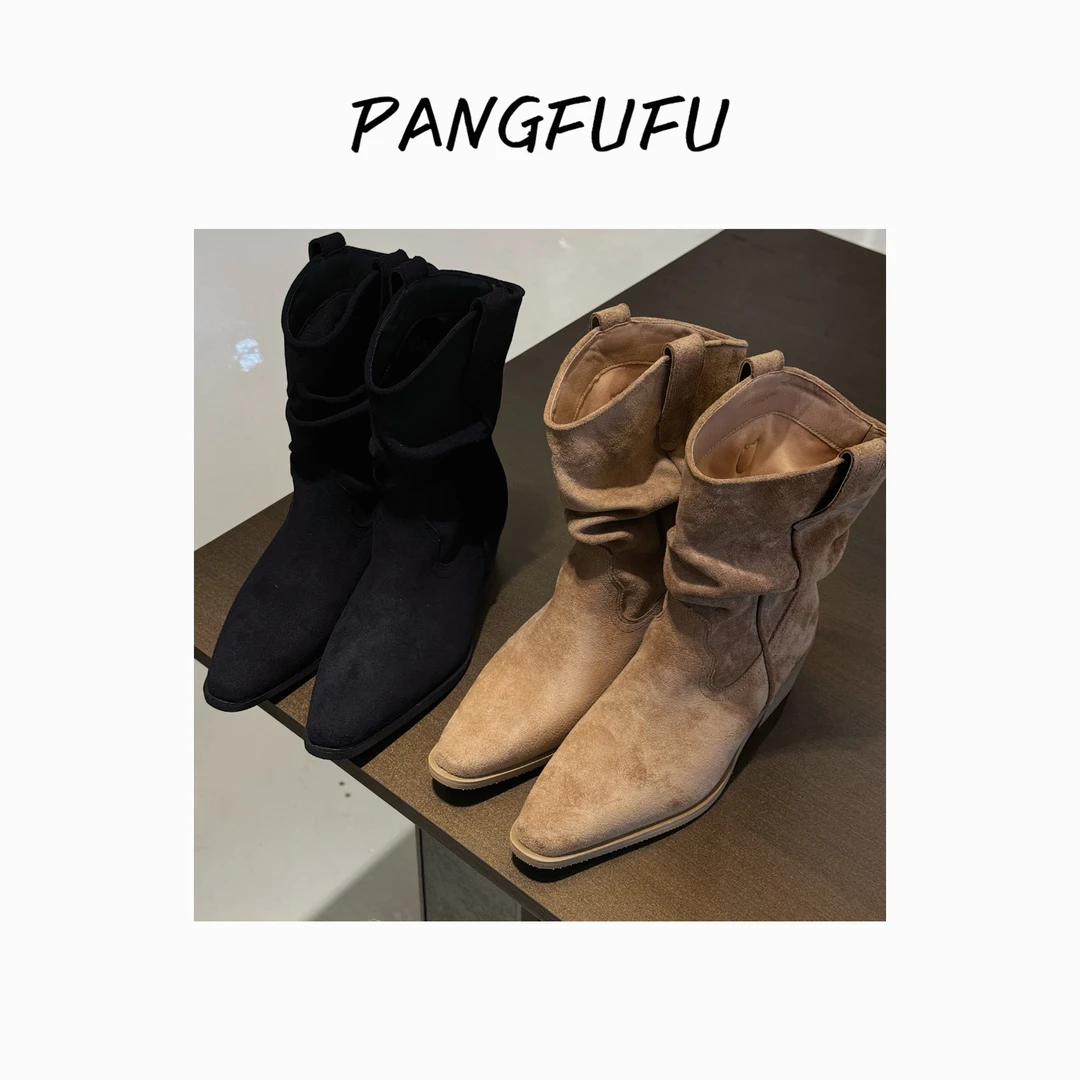 【胖福福大码女鞋】复古绒面短靴堆堆靴粗腿大腿围西部靴女靴马丁靴