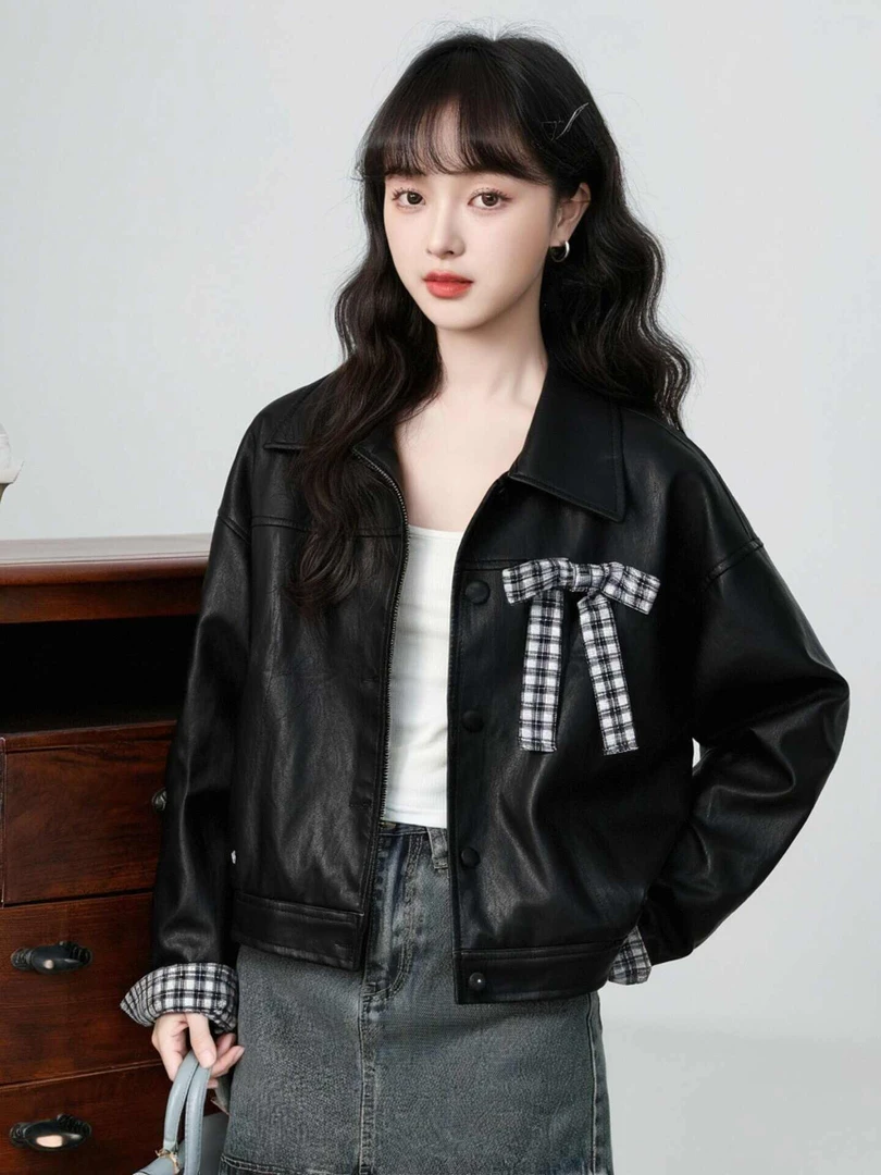 复古黑色PU皮衣外套女秋2025春秋新款蝴蝶结翻领夹克开衫短款上衣