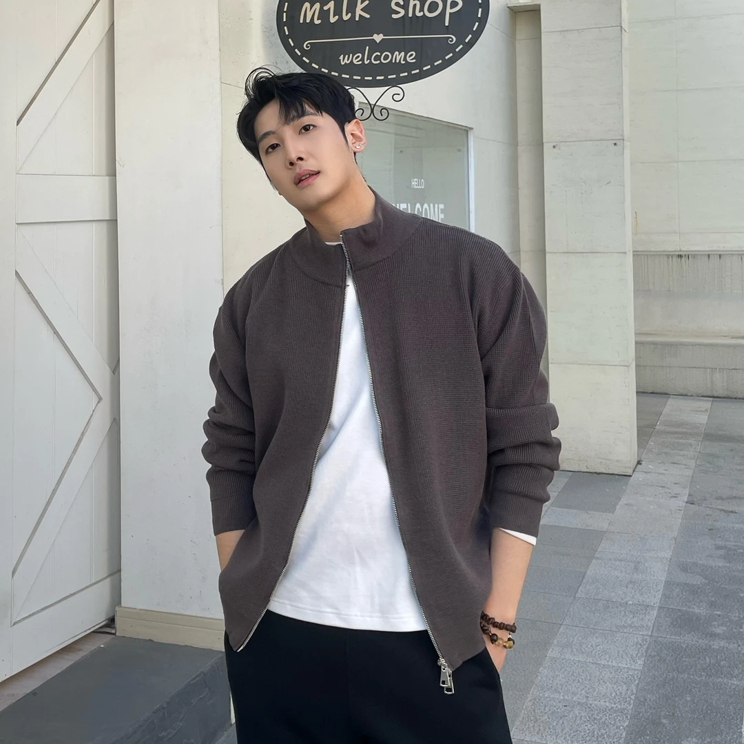 韩国男装 细针开衫毛衣 宽松阔版休闲针织上衣外套