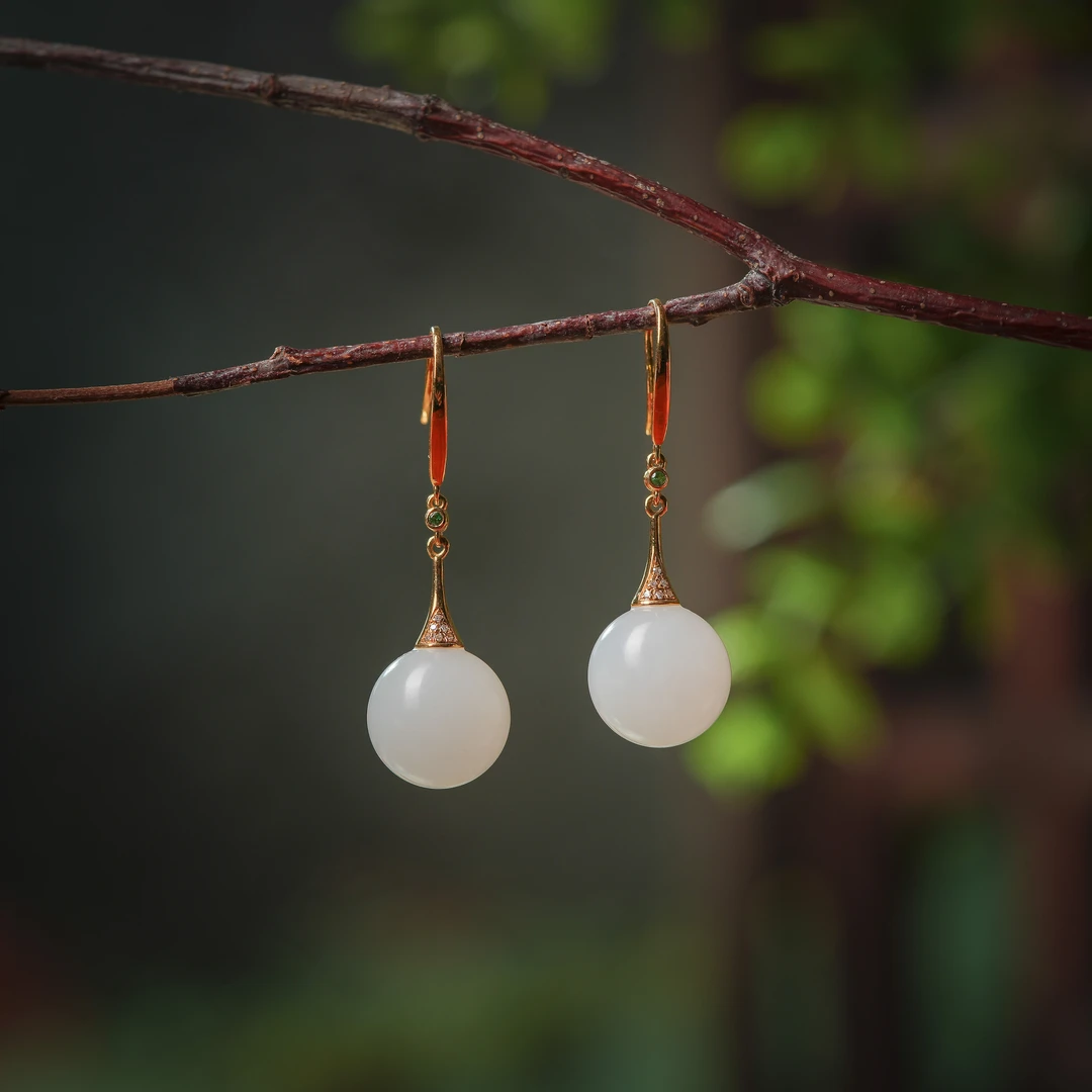 云堇·传世级和田玉羊脂老料18K金白玉耳坠AE0295约12mm