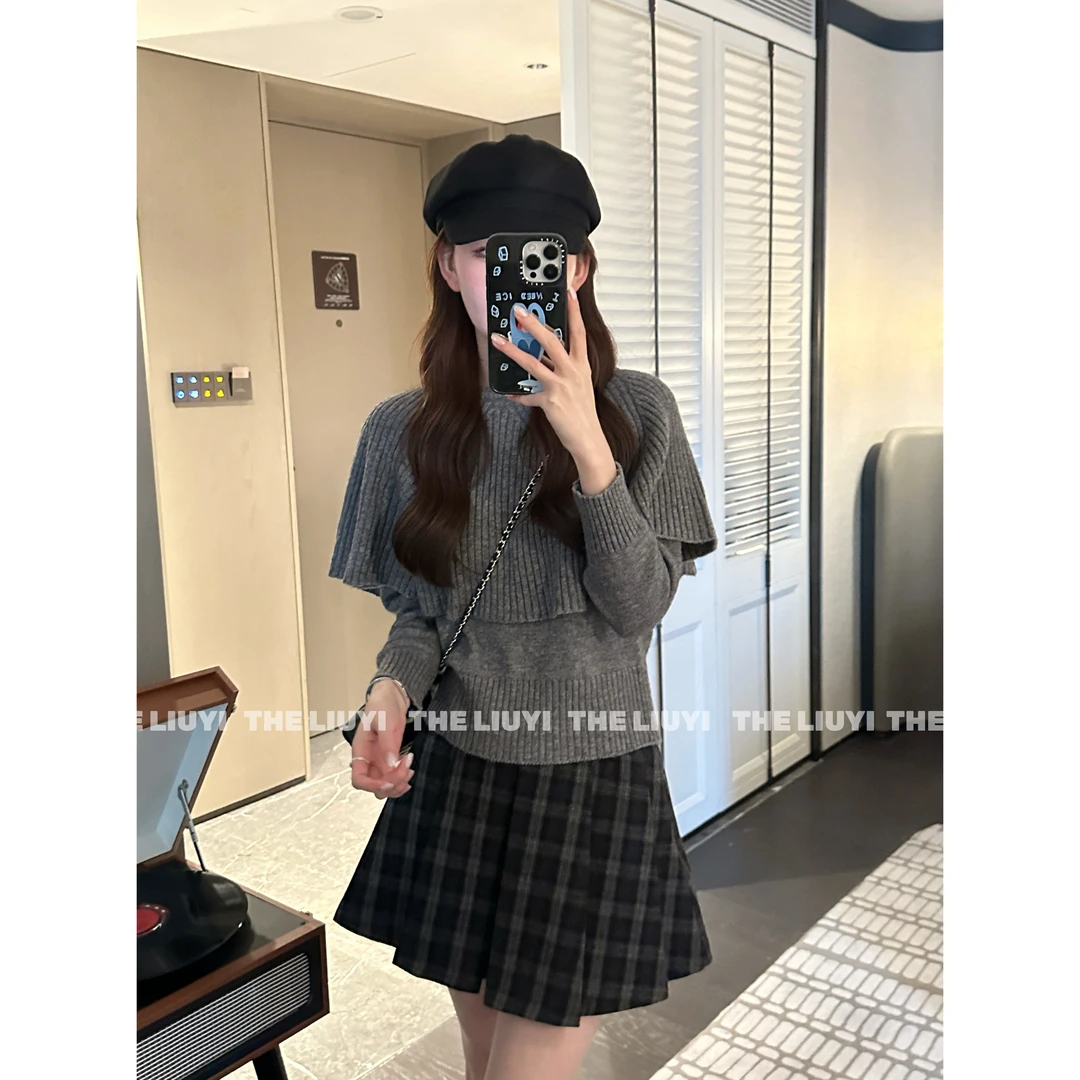 【LIUYI】毛呢格纹撞色百褶短裙5108A2