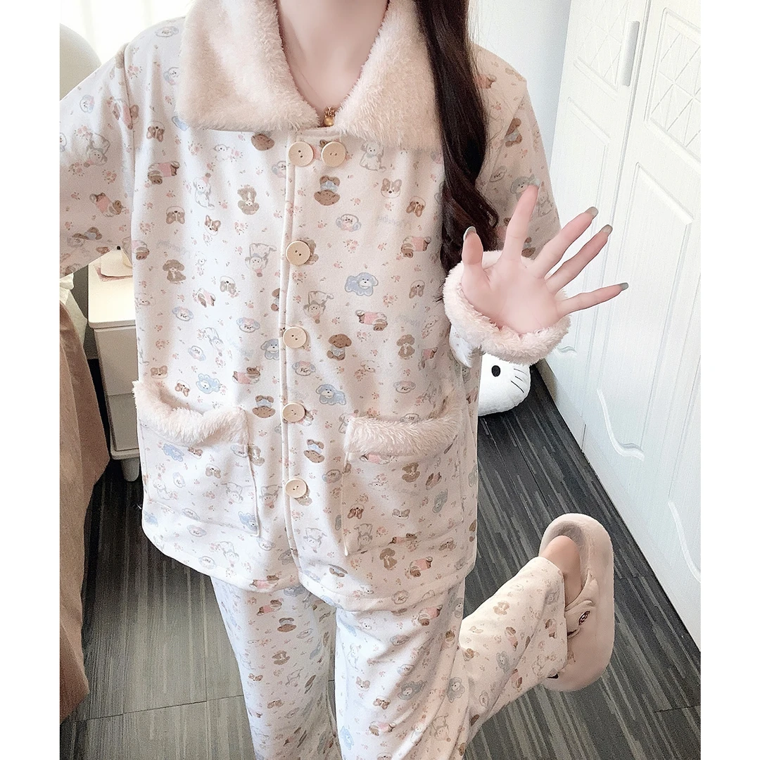 睡衣女秋冬季可爱满印卡通2025新款薄绒可外穿少女保暖家居服套装