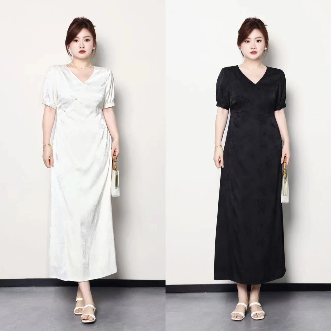 QC【夏日苍兰】微胖大码女显瘦新中式V领收腰连衣裙ZY404L34