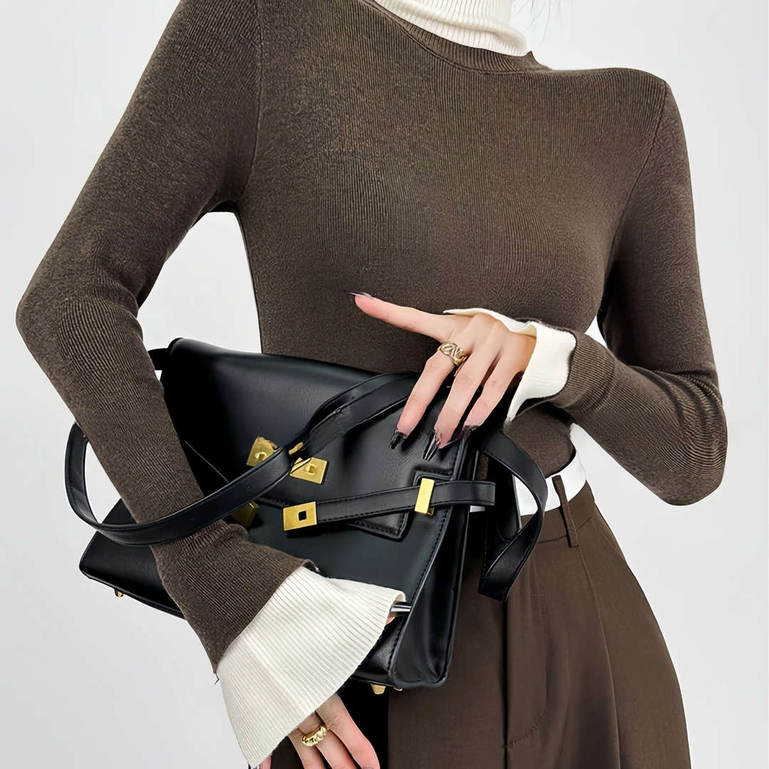 年度清仓【时髦层次】秋冬新款假两件撞色高龄修身喇叭袖针织长袖