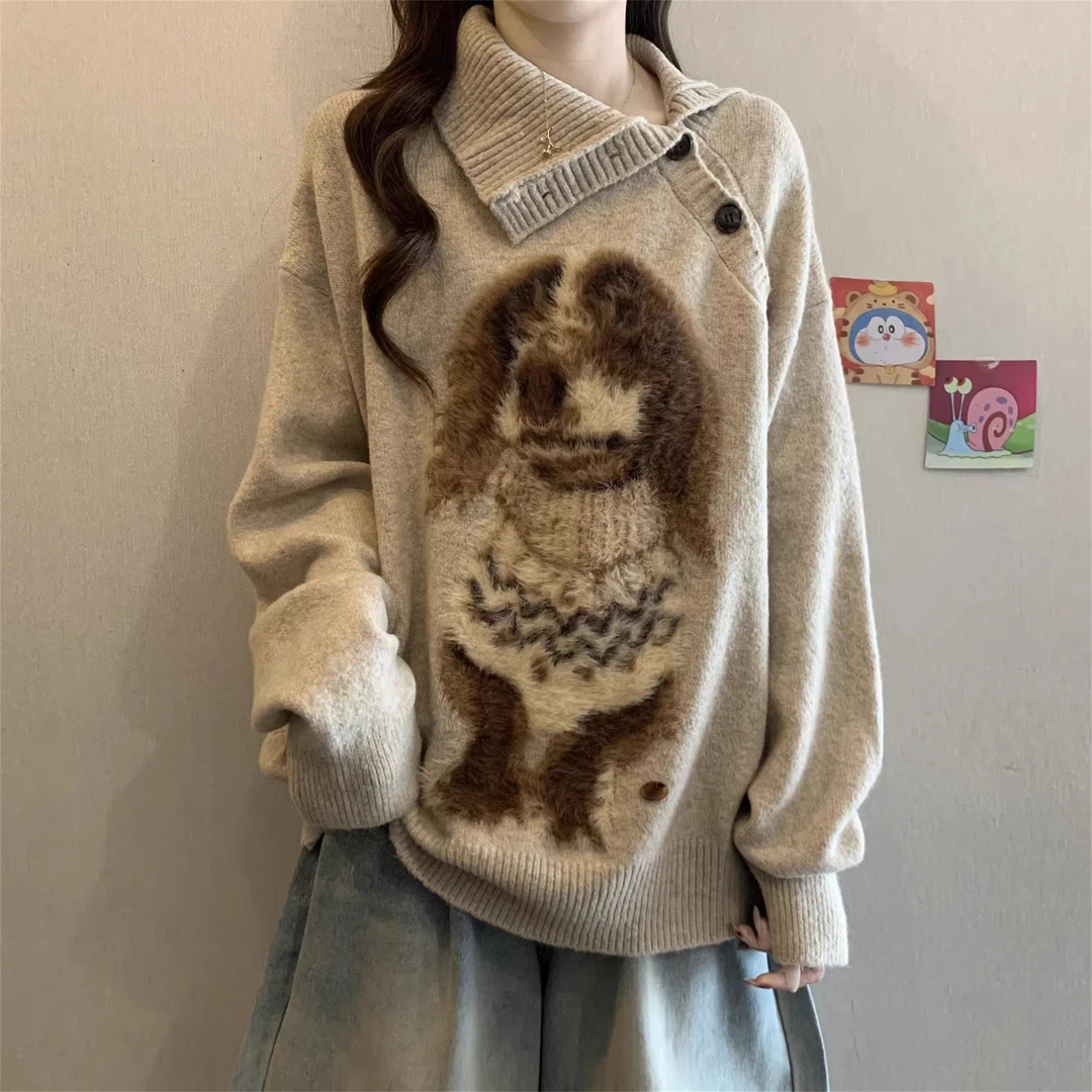 大码胖MM复古小狗提花翻领毛衣女秋冬慵懒风宽松休闲气质针织上衣