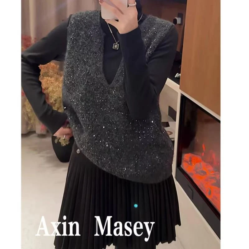 阿欣家~亮晶晶V领马甲 新款亮片精致风套头针织马甲Z01027