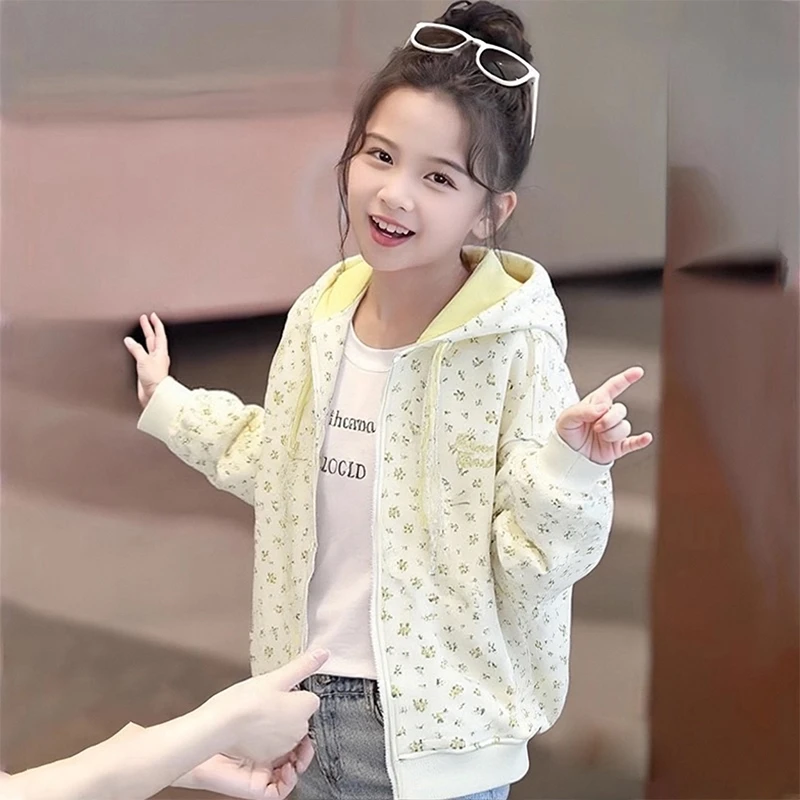 女童外套春秋款2025新款洋气时髦儿童碎花开衫女大童秋装连帽上衣