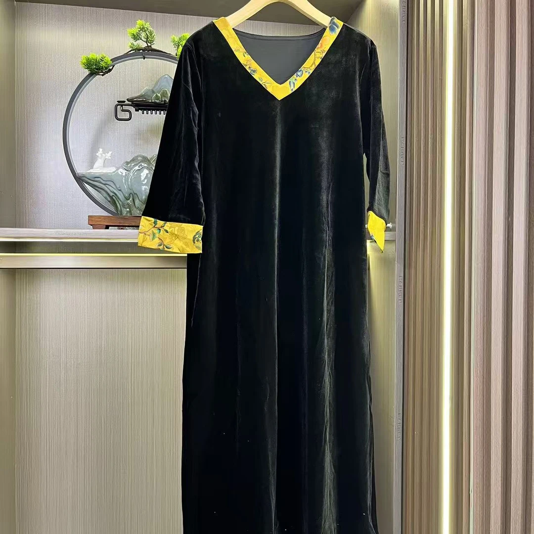 （丝绒裙）2025新款V领新中式气质显瘦丝绒百搭休闲宽松连衣裙