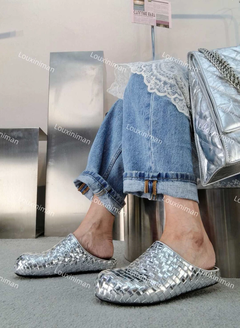 萝茜妮嫚欧美时尚个性潮流抖音透气牛皮软底防滑包头半拖鞋女士