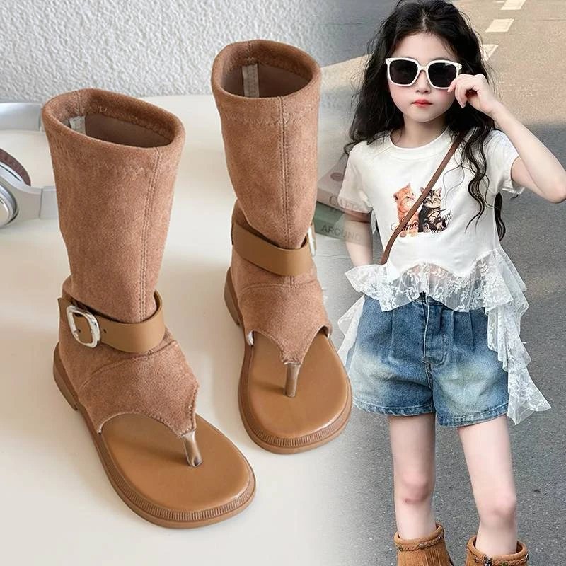 女童罗马凉鞋夹趾沙滩凉靴洋气中大童英伦儿童高帮小女孩公主长靴