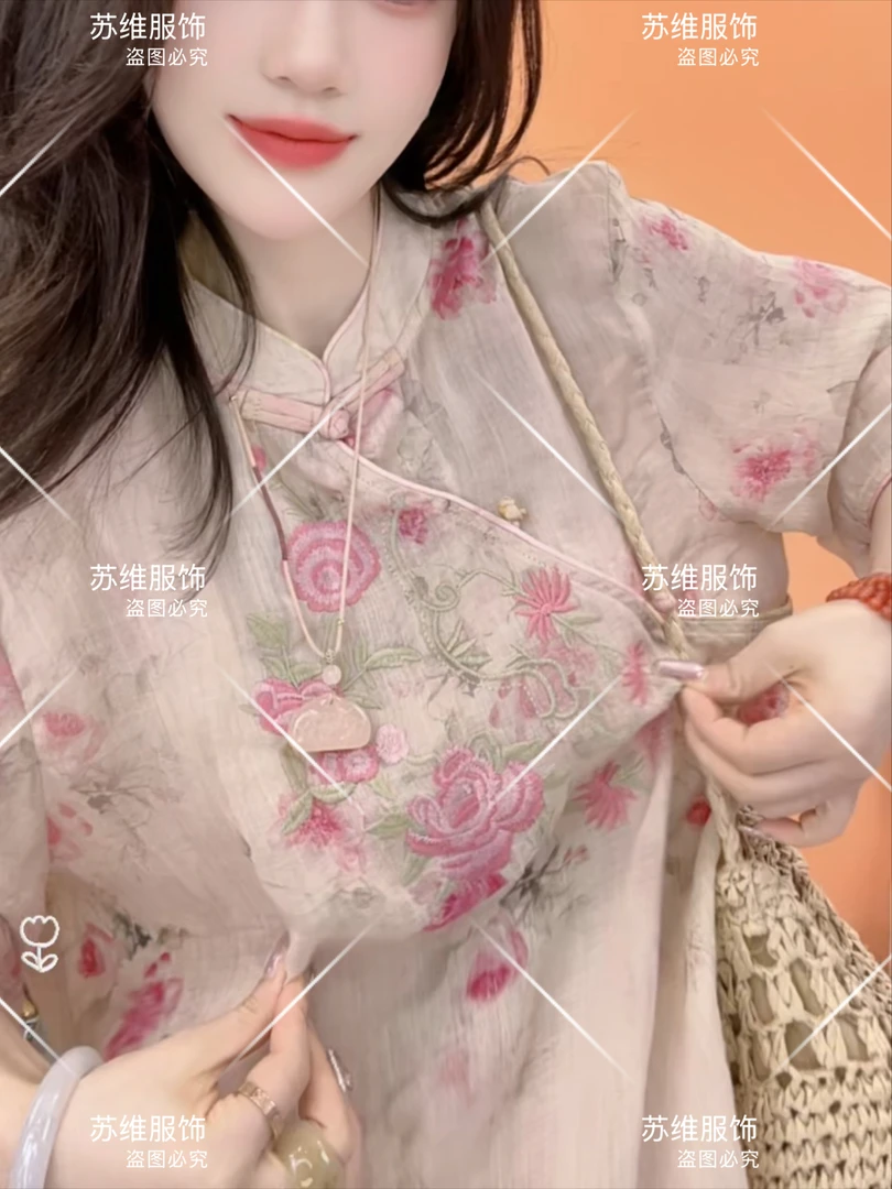 8817新中式立领苎麻中长款衬衫文艺复古风夏季