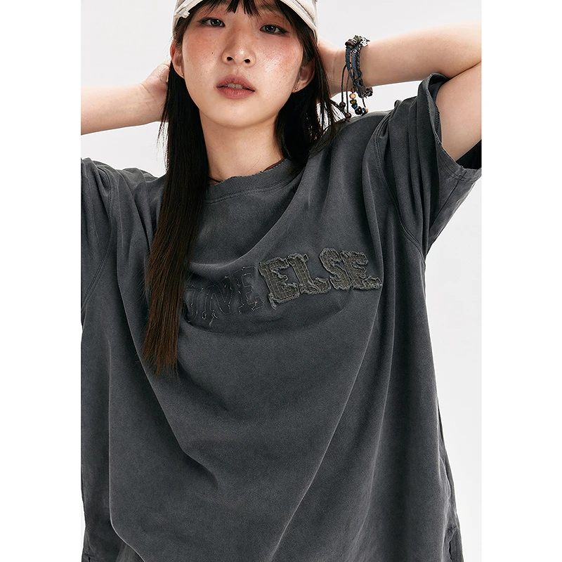NO ONE ELSE美式复古女装夏季宽松短袖圆领套头上衣字母贴布绣T恤