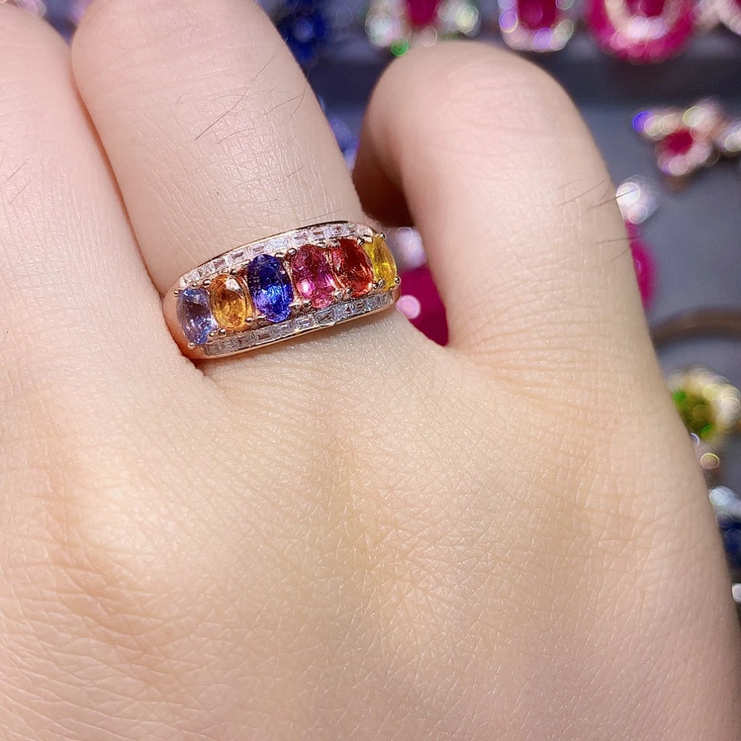 戒指彩色蓝宝石银S925镶嵌