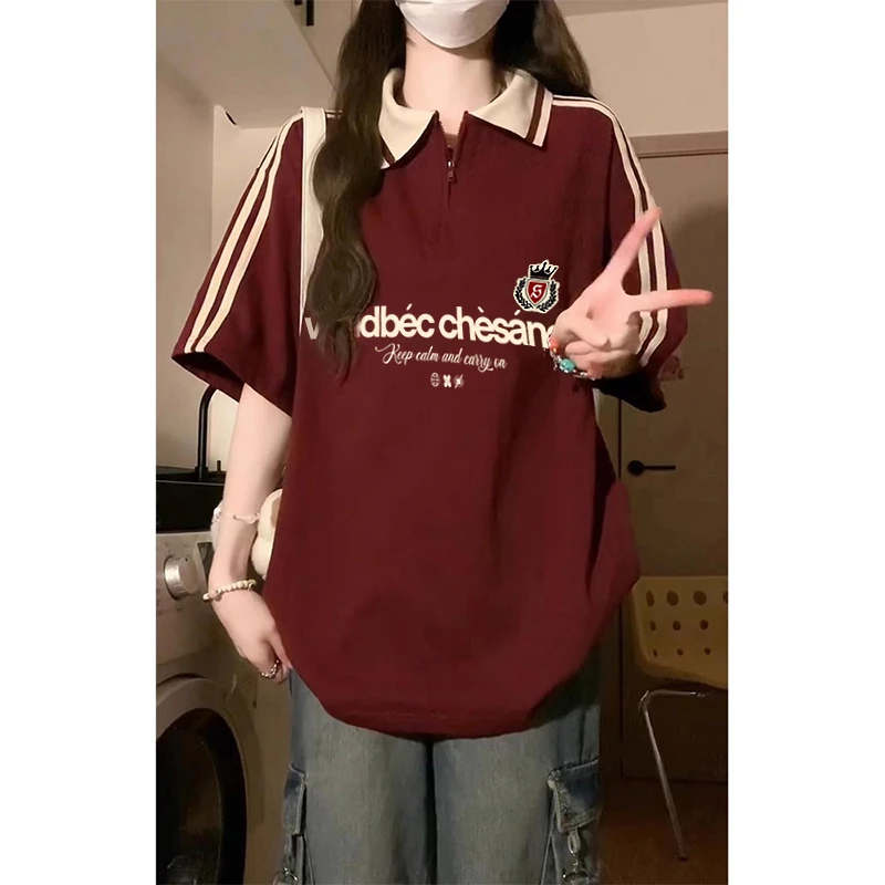 美式复古酒红色polo衫正肩短袖t恤女夏季宽松学院风半拉链上衣潮