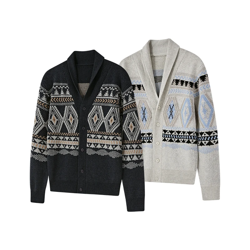 KREATE「道袍费尔岛」青果领提花粗针不易起球针织开衫毛衣外套秋