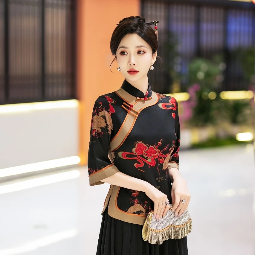 仙鹤登梅日常短款上衣中国风复古春夏季复古京派旗袍显瘦气质中式