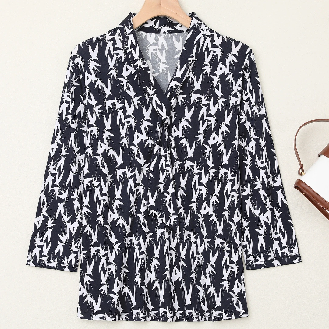 LANZIBES/蓝之蓓真丝V领飘带七分袖上衣时尚休闲印花套头衫 Z7212