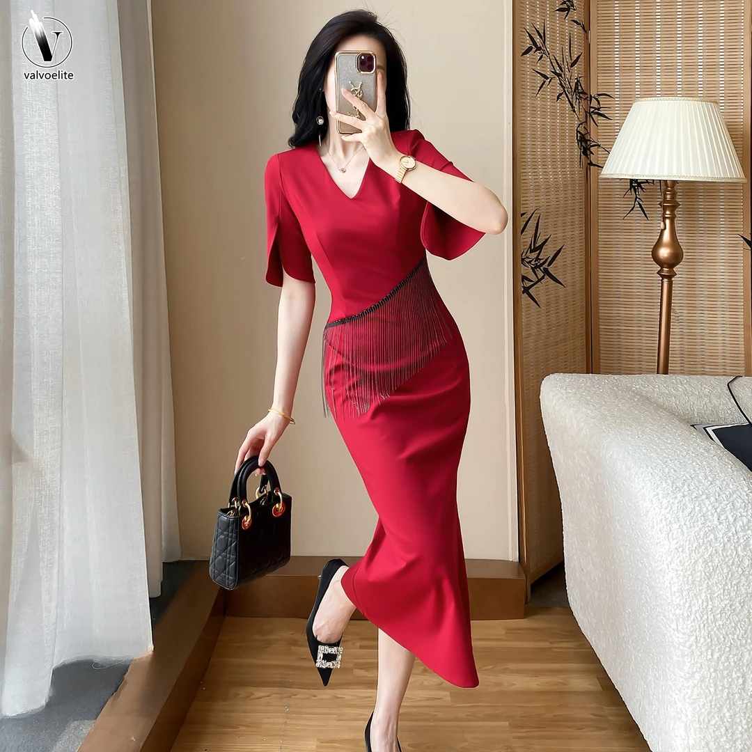 VALVOELITE红色修身鱼尾裙夏新款气质V领正式场合显气质长裙子女