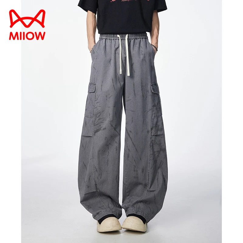 MiiOW/猫人新款工装风宽松直筒裤休闲长裤纯色设计感大口袋