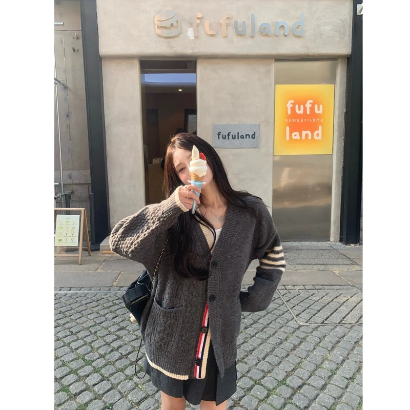 Peaceonesoul自制 韩系学院风麻花V领针织开衫女宽松加厚毛衣外套