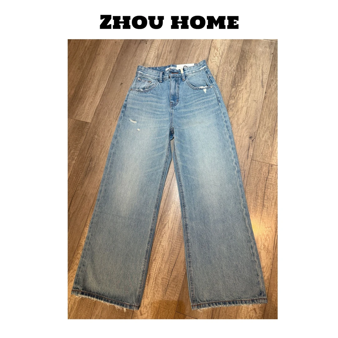 【周周服饰】代嘉儿春款浅色直筒阔腿破洞牛仔裤女