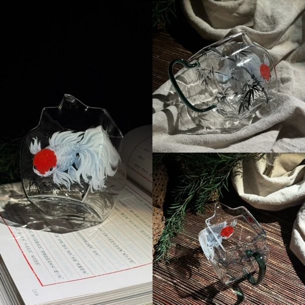 《观天》｜孤品｜高硼硅玻璃手绘金鱼公道杯分茶具