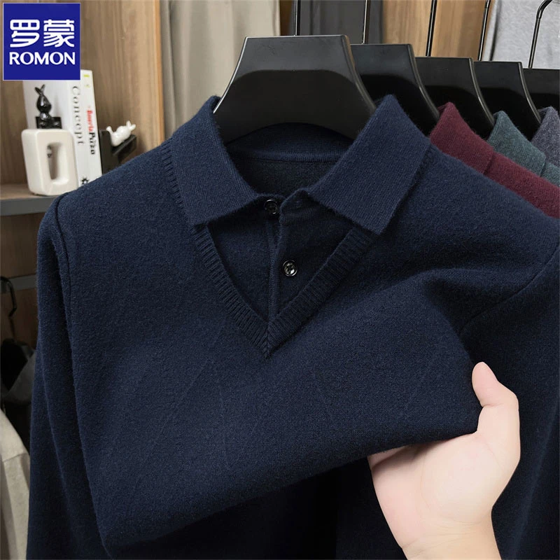 罗蒙秋季新款男士针织毛衣假两件时尚休闲翻领中年爸爸装打底衫