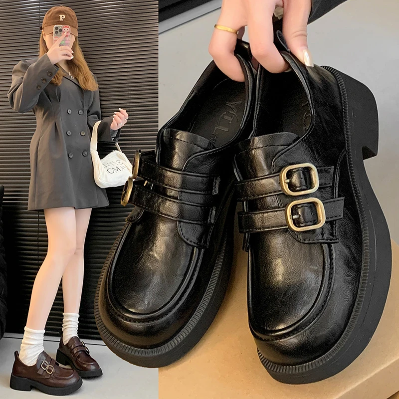 薄底英伦风小皮鞋女2025新款百搭粗跟乐福鞋小个子单鞋