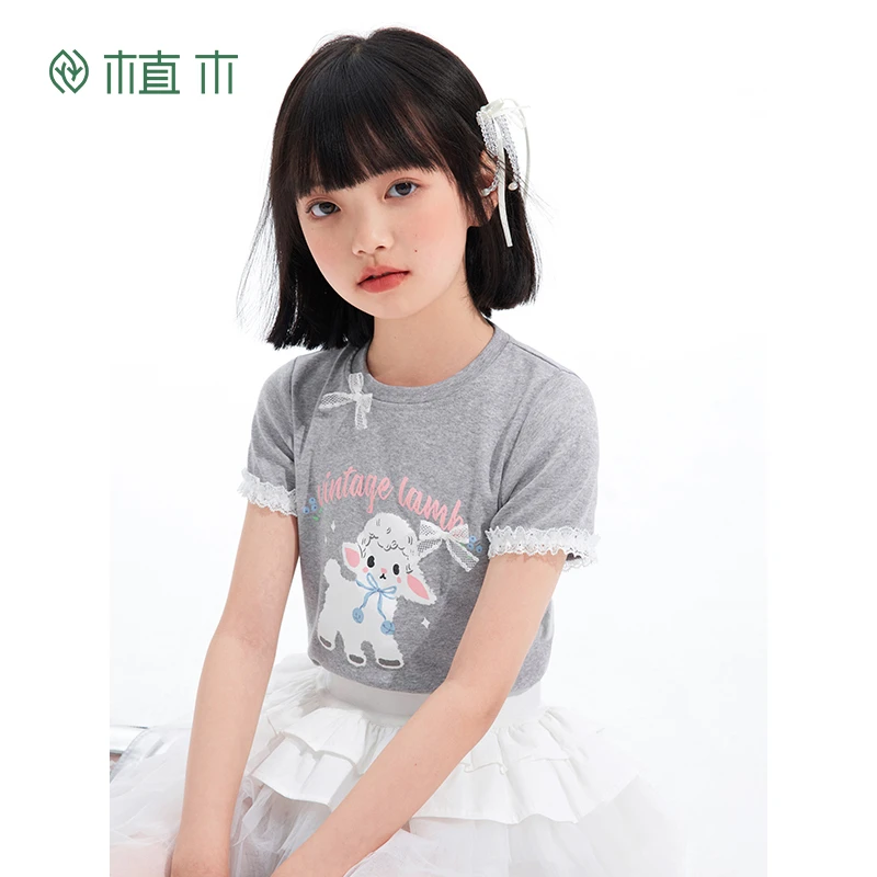 植木童装女童T恤2025夏季新款中大童甜美圆领短袖上衣T恤儿童T恤