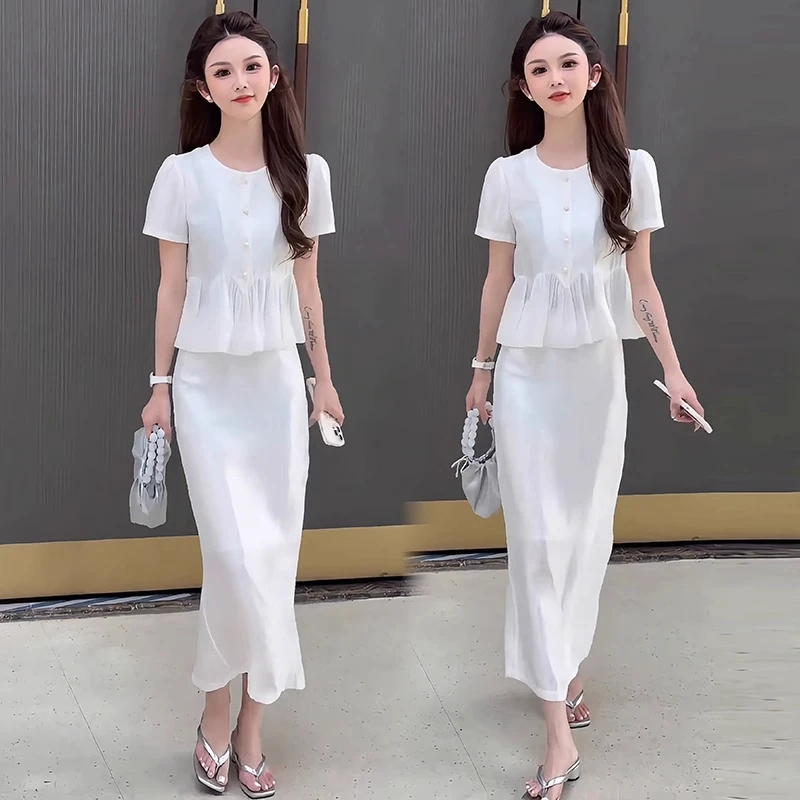 小个子穿搭2025夏季新款显瘦减龄荷叶边拼接上衣半身裙两件套潮