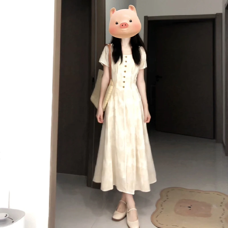 4391方领高级感印花连衣裙子女新款夏季绝美超好看法式长裙温柔风