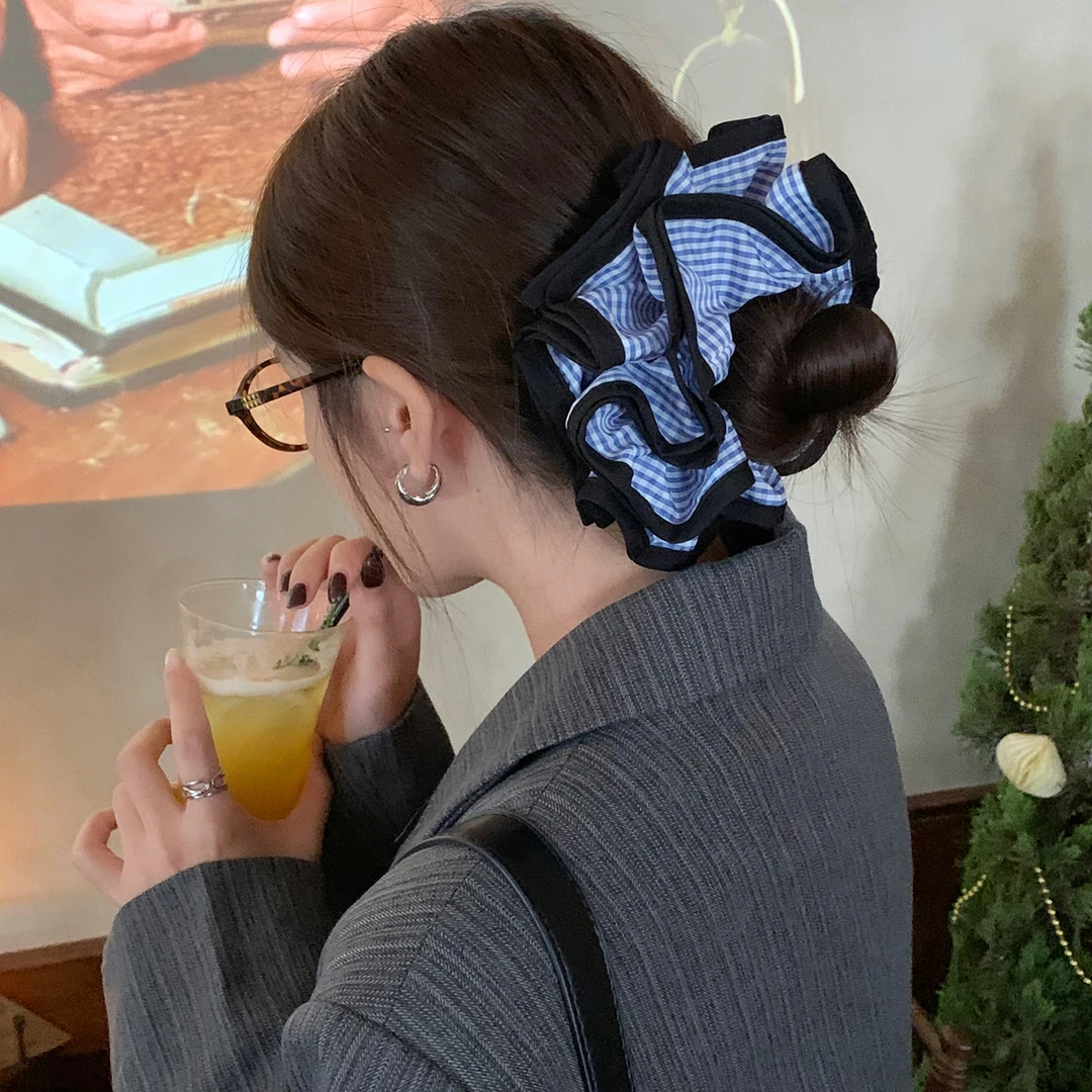 韩系多层格子发圈发绳少女布艺大肠圈复古学院风头绳2025新款头饰