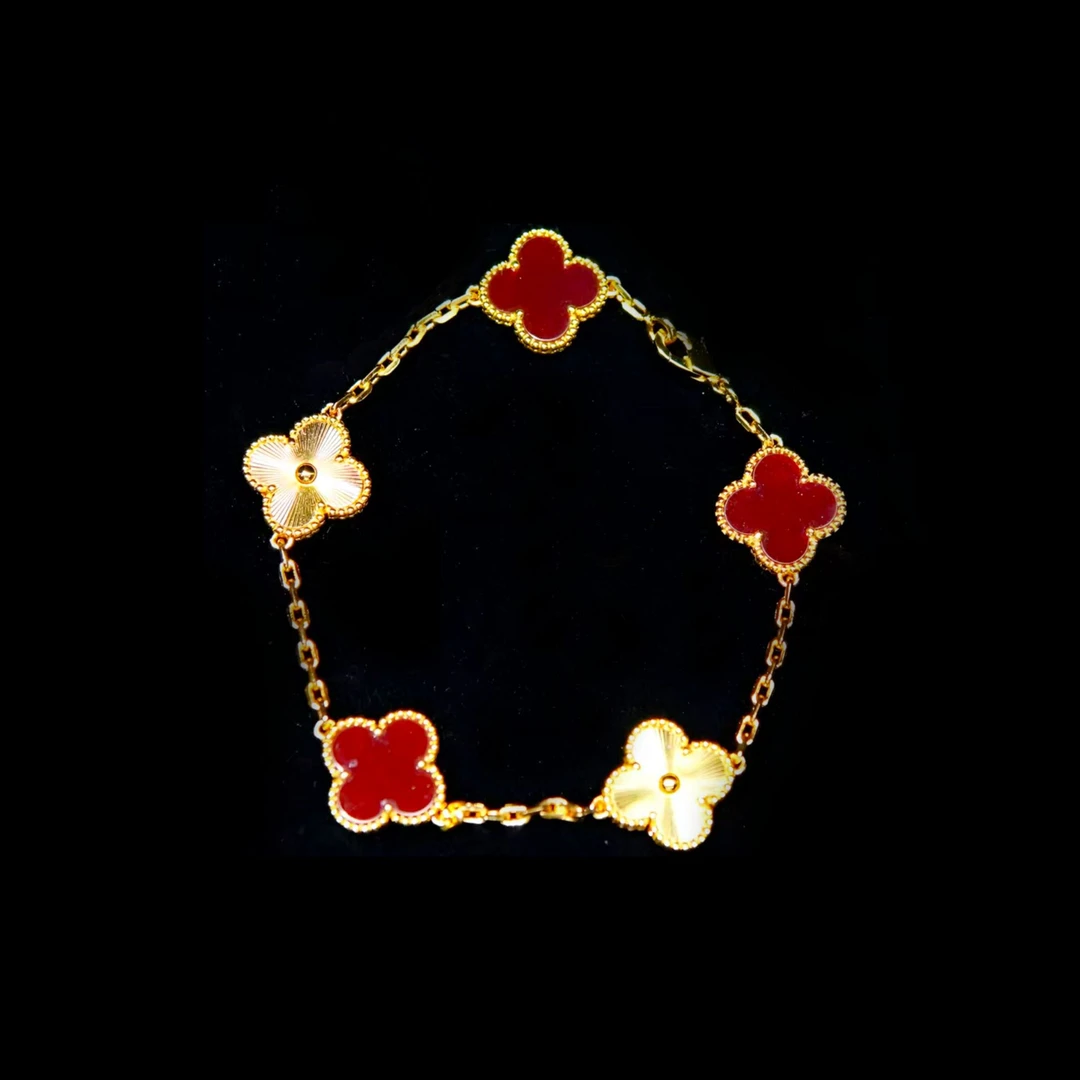925银合成锆石手链 镭射四叶子红色手链百搭饰品金色珠宝轻奢