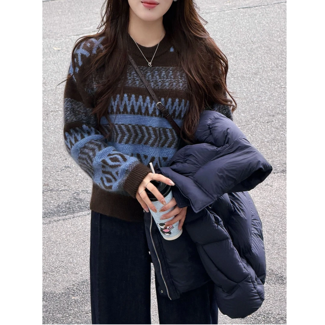 复古撞色提花宽松套头针织毛衣（羊绒，羊毛）