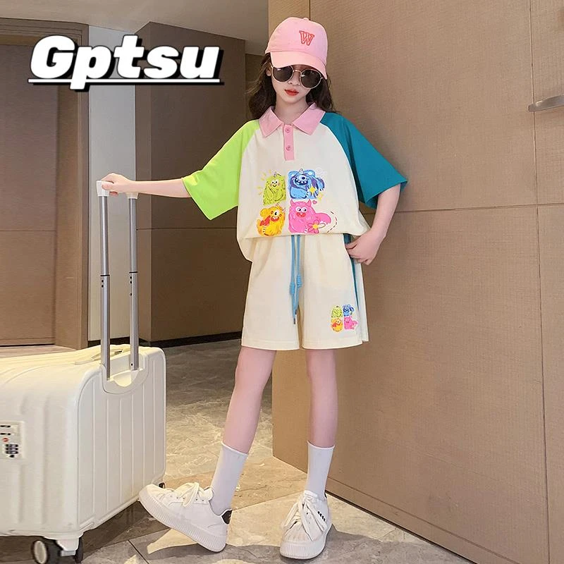 GPTSu女童夏季套装2025新款洋气短裤大女孩多巴胺短袖t恤儿童运动