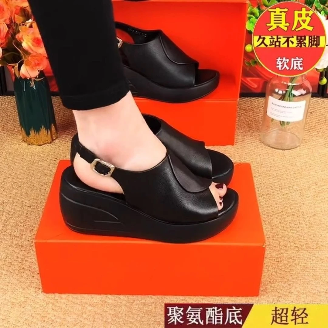 【品牌特卖】真软皮厚底妈妈鞋女2025新款夏外穿一字防滑女凉拖鞋子