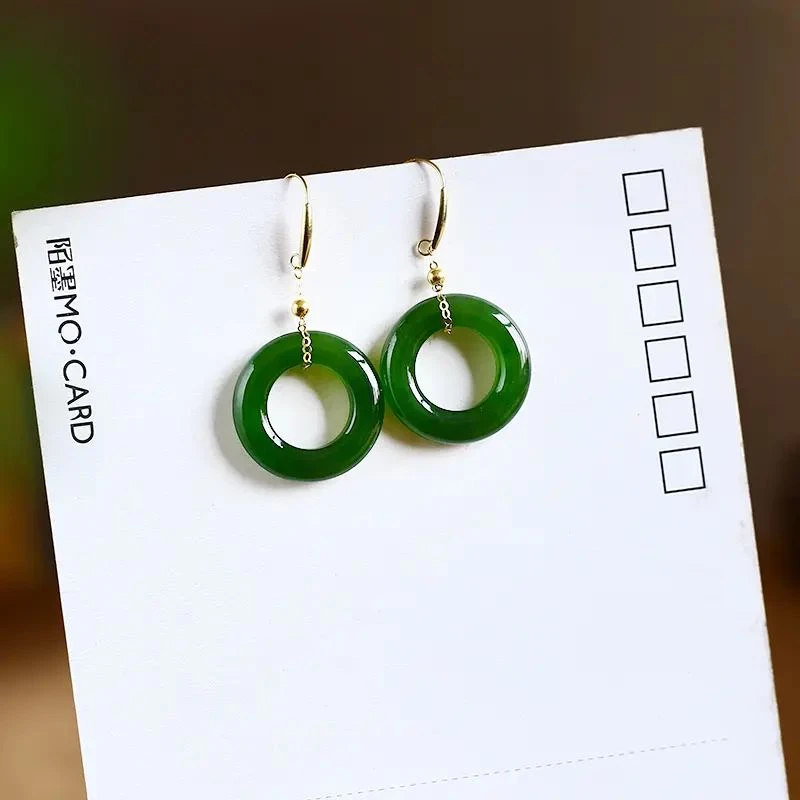 和田玉甜甜圈耳饰18k金镶嵌新疆碧玉冰底料菠菜绿平安扣耳坠