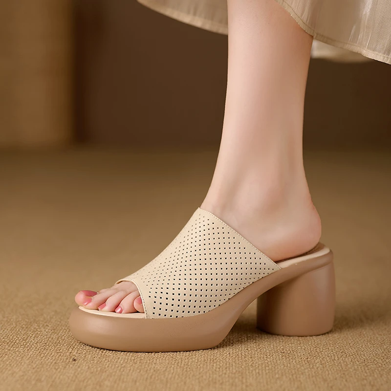 菓苒8cm厚底粗跟高跟透气镂空一字带凉拖鞋女夏外穿气质凉鞋真皮