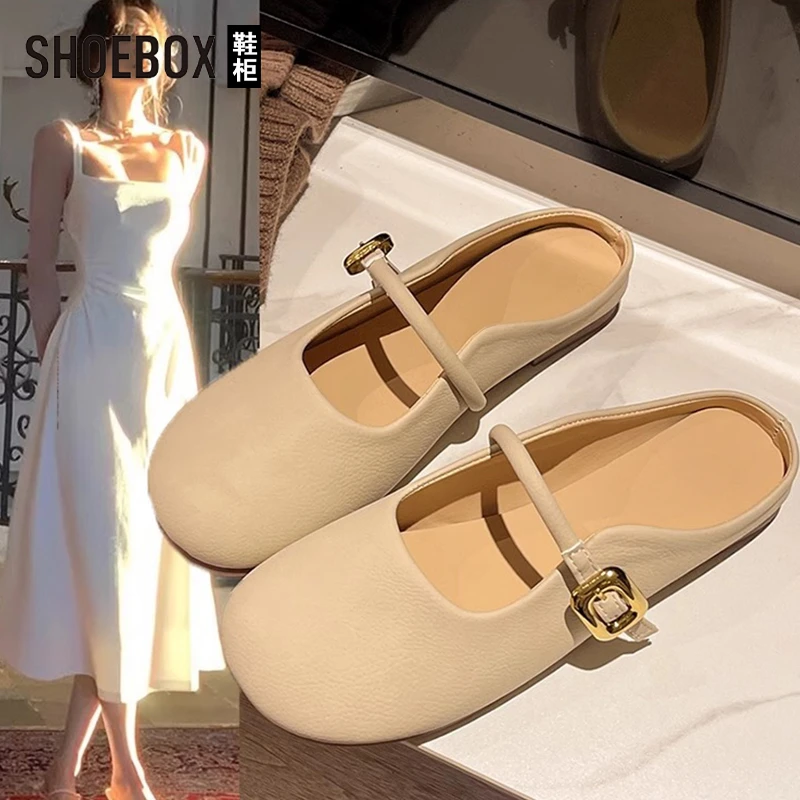 SHOEBOX鞋柜平底包头半拖鞋女2025新款夏一脚蹬孕妇玛丽珍单鞋