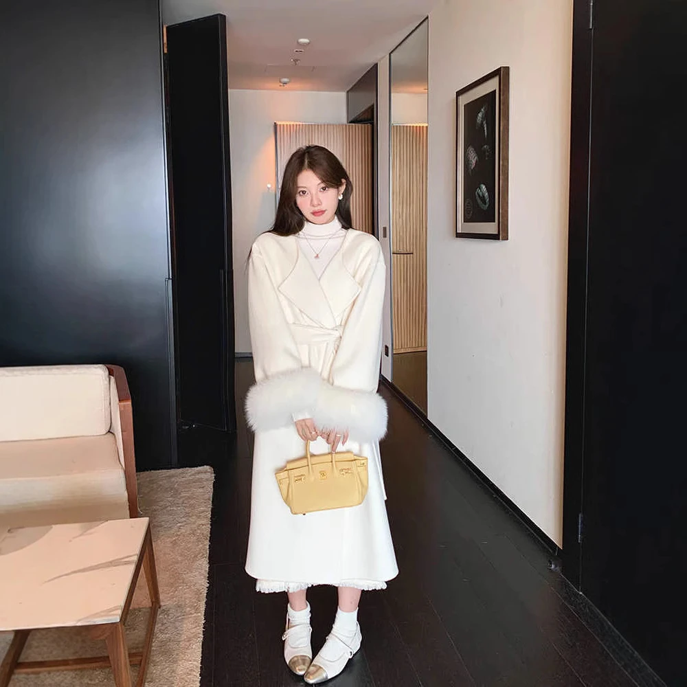 【沪上千金】【翻领款真狐狸毛羊毛大衣】双面尼大衣加厚款冬季外套