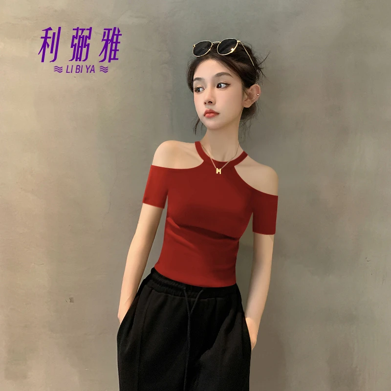 2025新款夏季橘红色挂脖短袖T恤女针织螺纹薄款半袖修身小众上衣